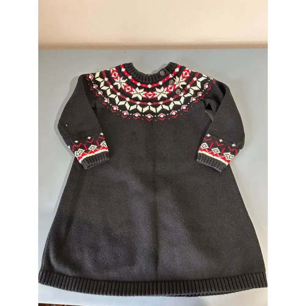 hanna andersson sweater dress 120 6-7 Girl Navy Blue Knit Rainbow Hearts Ruffles Festive Fair Isle pattern Full LS Floral Emb Sweater Dress